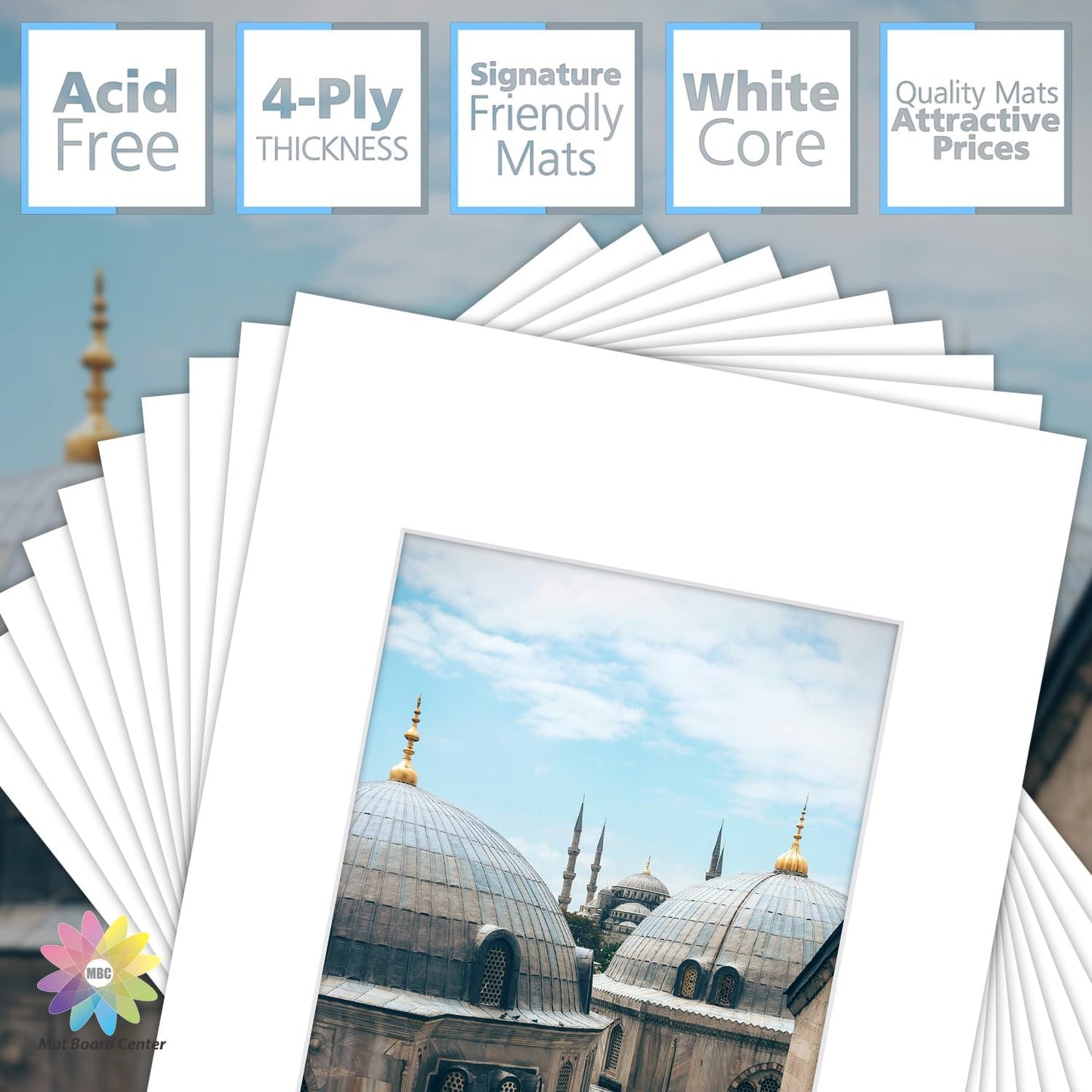 MBC Mat Board Center, 10 Pack 12x16 for 8x10 White Picture Mats Frame Mattes, Bevel Cut, Acid Free, 4-ply Thickness