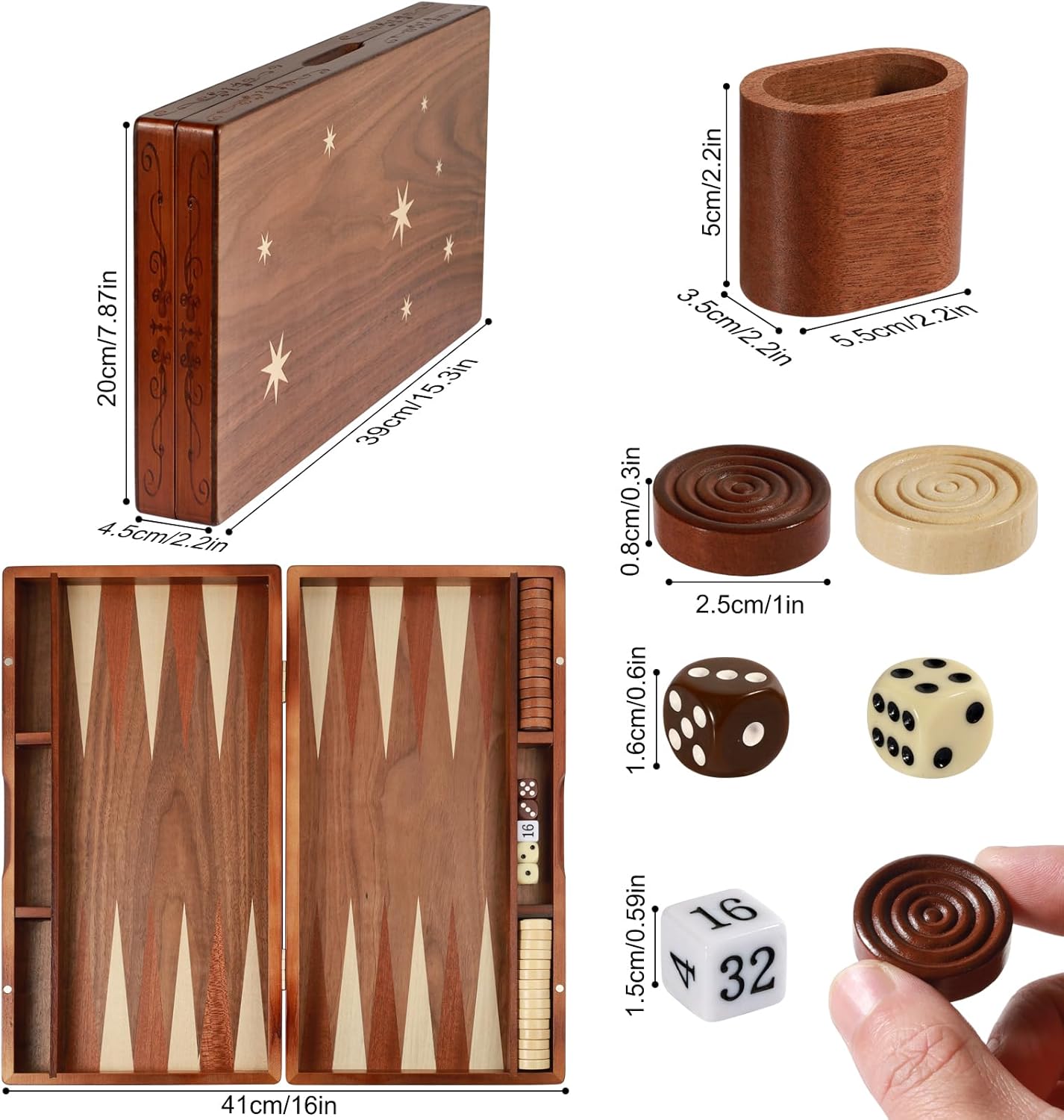 Handcrafted Wooden Backgammon Set, 16" Large Size, Classic Two-Player Strategy Board Premium Travel Game Board for Adults & Teenagers