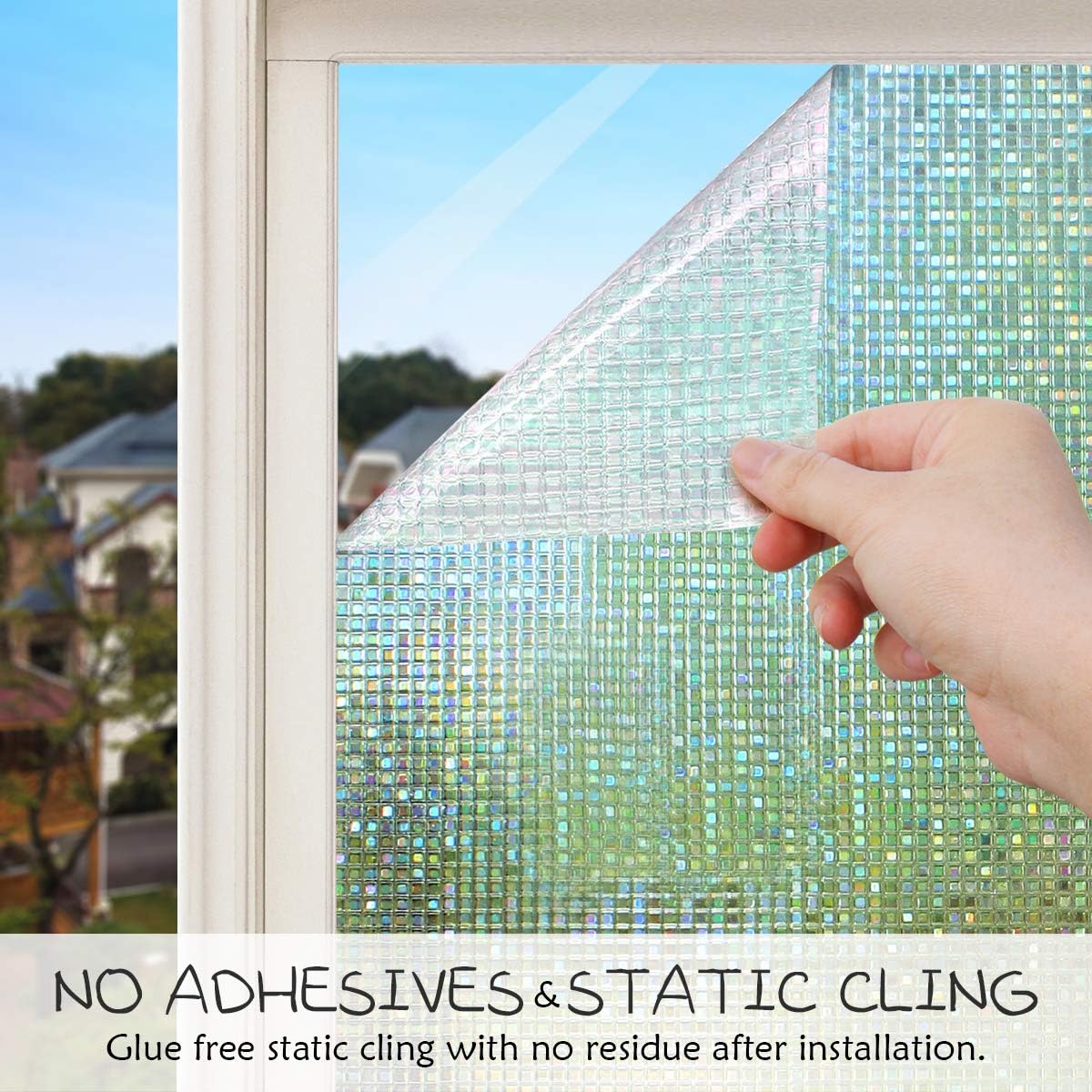 HIDBEA 3D Decorative Window Privacy Film Non-Adhesive Heat Control UV Blocking Static Cling Removable Vinyl Glass Tint for Home and Office, 35.4 inches x 32.8 feet, Mosaic Patterns