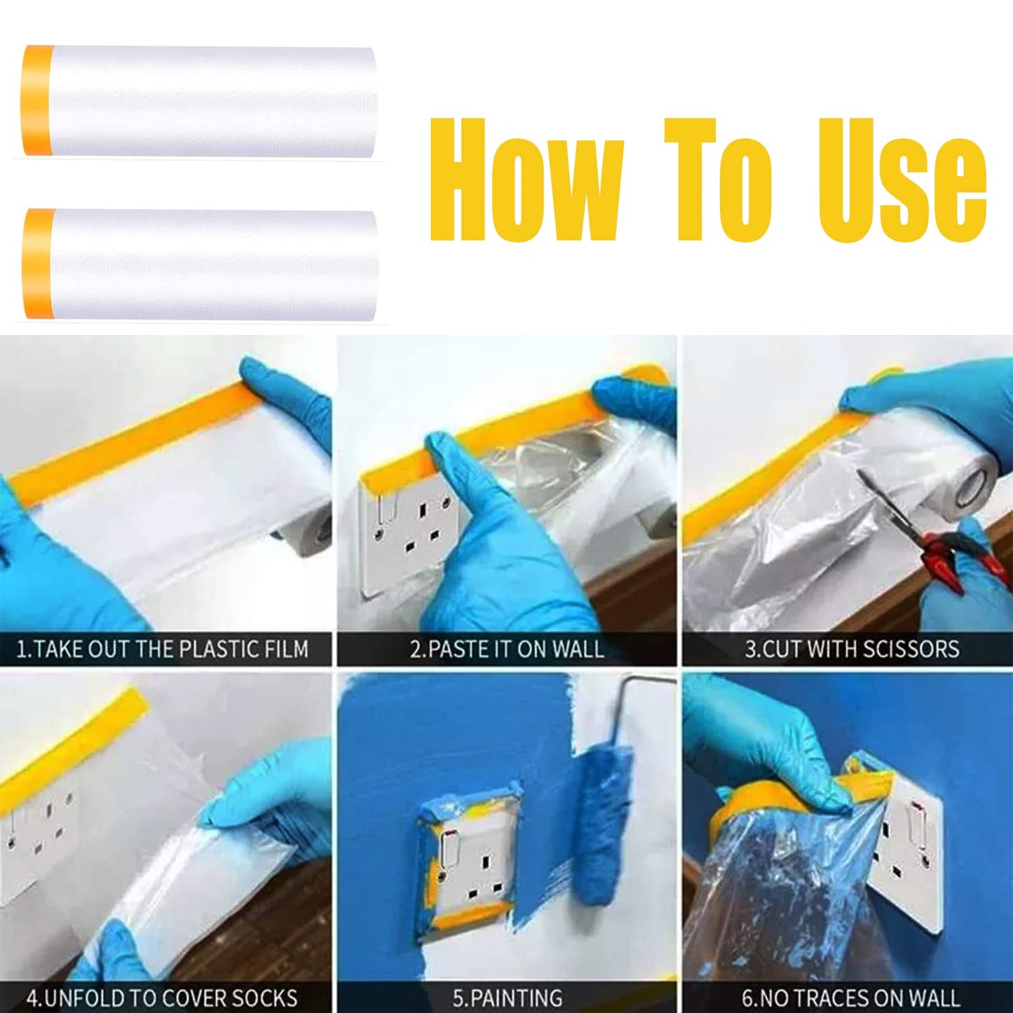 Painters Plastic with Tape, Pre-Taped Masking Film, Automotive Best Tape and Drape, Paint Adhesive Protective Film Roll for Covering Skirting, Frames, Cars and Auto Body (5 X 65-Feet) (1)