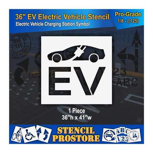Pavement Stencils - 36 in - Electric Vehicle Silhouette with Plug and EV Letters - 35'' x 41'' x 1/8" (128 mil) - Pro-Grade