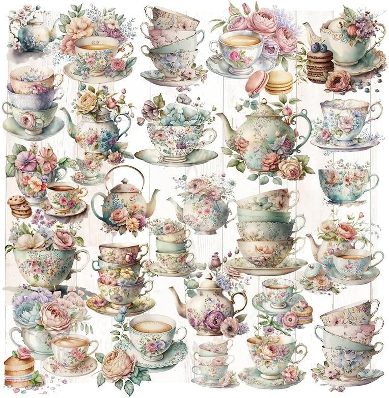 Vintage Vellum Stickers Floral Plants Elements Scrapbooking Supplies Flowers Botanic Natural Translucent Paper Self-Adhesive Junk-Journal Items (Tea Cup)