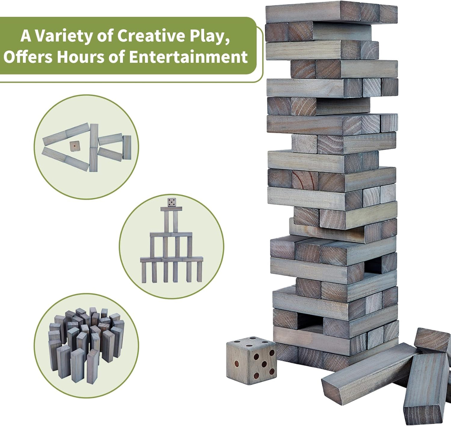 ApudArmis Giant Tumble Tower Stack to Over 5Ft, 60 PCS Pine Wooden Stacking Timber Game with 1 Dice Set - Classic Block Giant Outdoor Game (7.48 * 2.48 * 1.5 in Each Block, Gray)