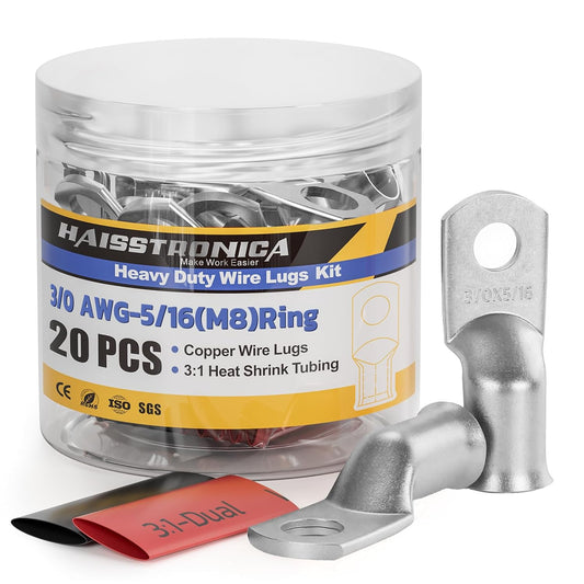 haisstronica 10pcs 3/0 AWG - 5/16"(M8) Tinned Copper Battery Lugs