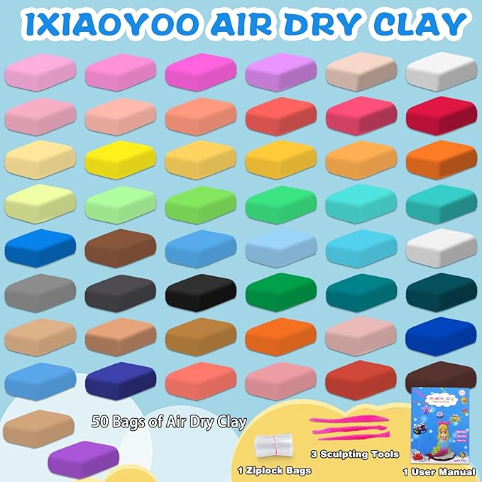 Air Dry Clay, 50 Colors DIY Molding Magic Clay for Kids, Soft & Non-Sticky, Creative DIY School Arts & Crafts Kit, Home Party Favors, Toys Gifts for Age 3 4 5 6 7 8+ Years Old Boys Girls Kids