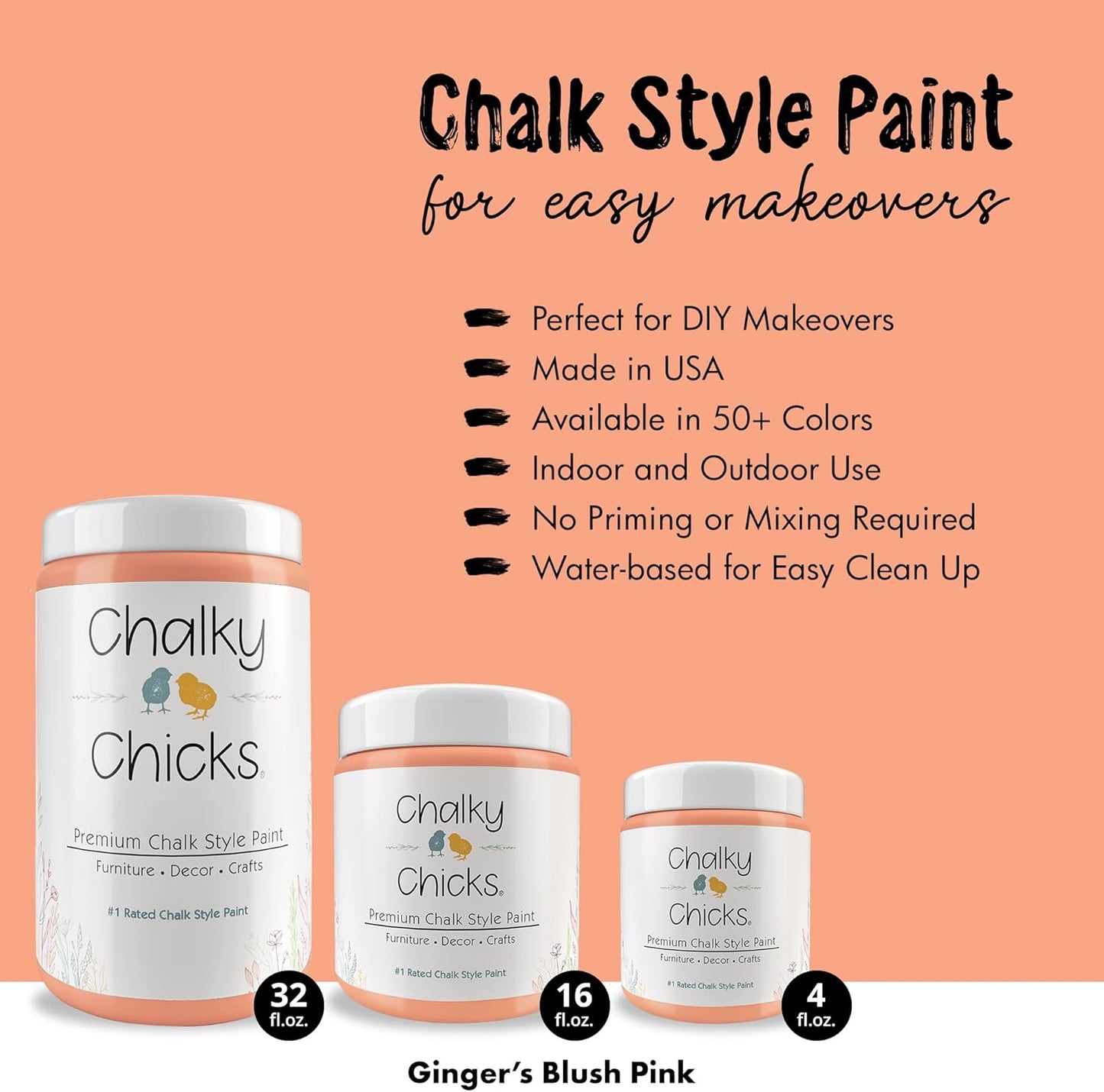 Chalky Chicks All-in-One Chalk Paint for Furniture or Cabinet - 16 Fl Oz - Matte Finish Gingers Blush Pink for Metal, Wood Furniture Paint - No Sanding All-in-One for Home Decor & Crafts, USA Made