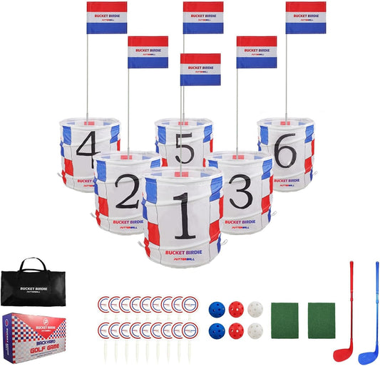 Bucket Birdie Backyard Golf Game — 6 Hole Yard Game with Adjustable Clubs, Flags, Balls, Turf Mats, and Carry Bag — Outdoor Golf Bucket for Adults and Kids
