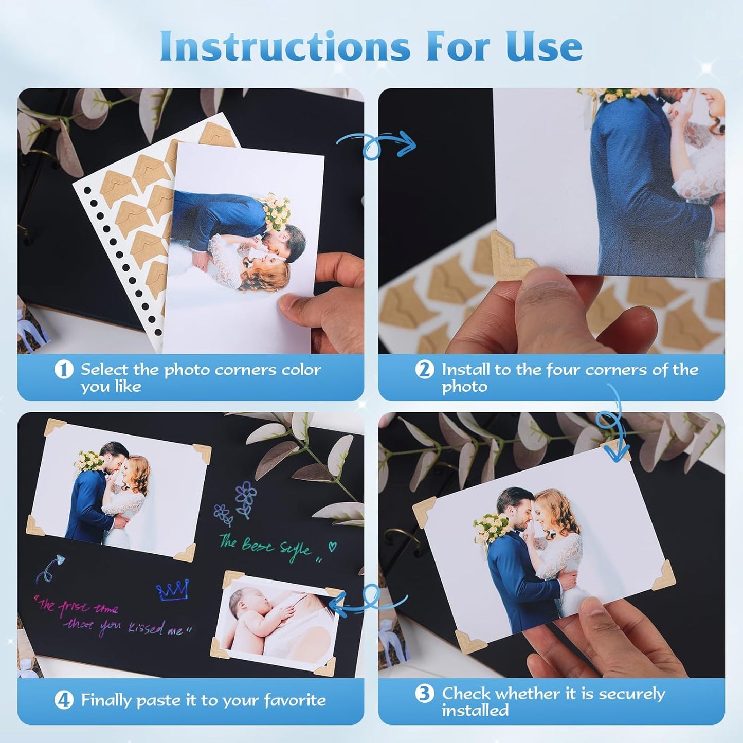 GOONAVI 15 Sheets 360 PCS Multicolor Acid-Free Photo Corners Notebook, Self-Adhesive Photo Corners for DIY Photo Album Journal, Photo Corner Stickers for Trip Journal Memory Book