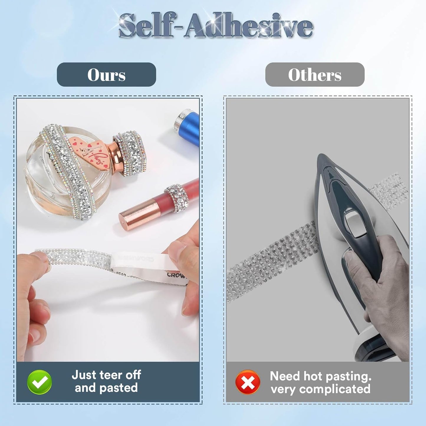 5 Yards Self Adhesive Rhinestone Ribbons, Sliver Rhinestone Strips, Diamond Crystal Rhinestone Ribbon Roll Stickers Glitter Bling Ribbons Rhinestones for Crafts Fabric Car Shoes Décor