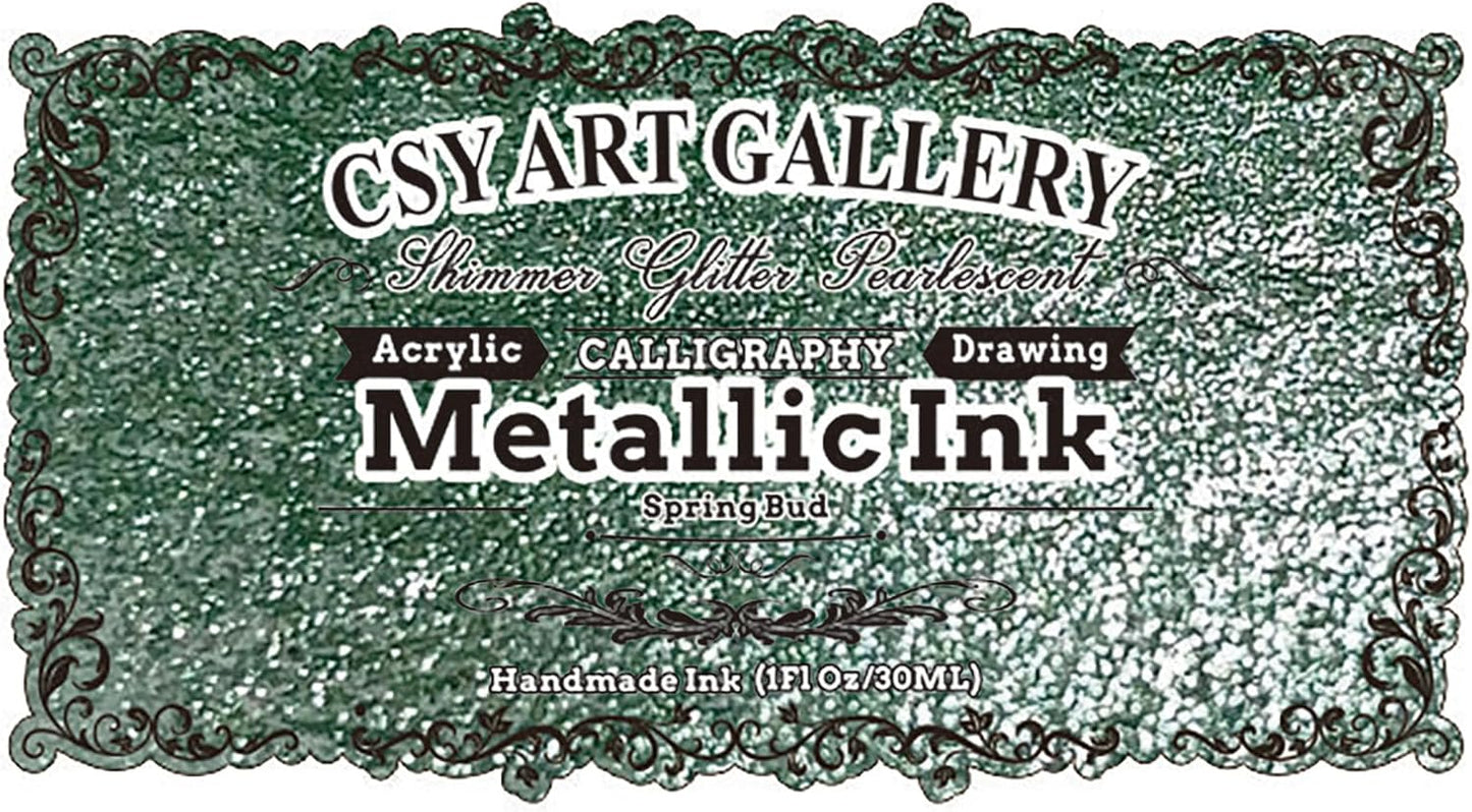 CSY Art Gallery Metallic Calligraphy Inks for Artist -Acrylic Paints 30ml – Liquid Green Leaf Paint High Gloss Perfect for Canvas, Wood, Ceramic, and DIY (Spring Bud)