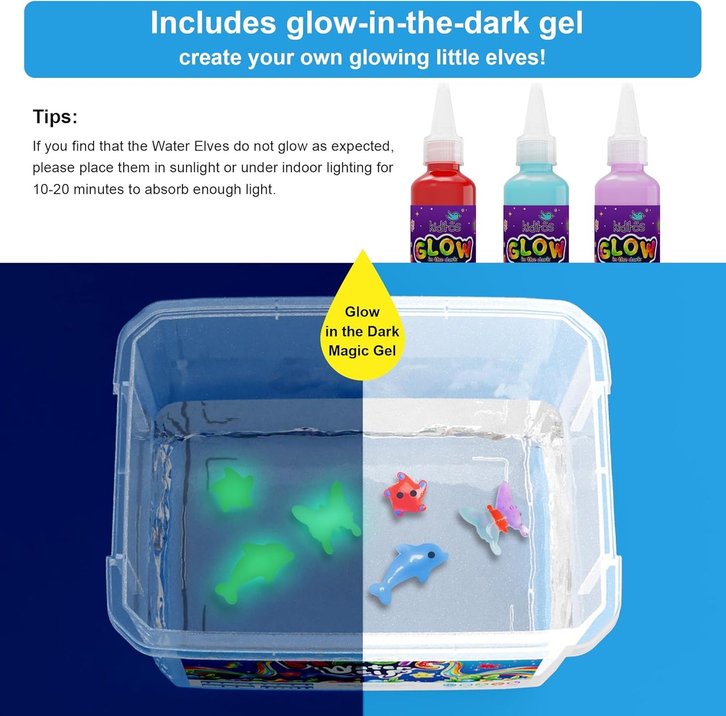 Kiditos Magic Water Elf Toy Kit–Squishies for Kids, 24 Gels+6 Glitter Powders&20 Molds, Magic Gel Water Pets Sensory Toy, Fun DIY Craft Kit, Party Favors, Birthday & Christmas Gifts for Kids Ages 3+