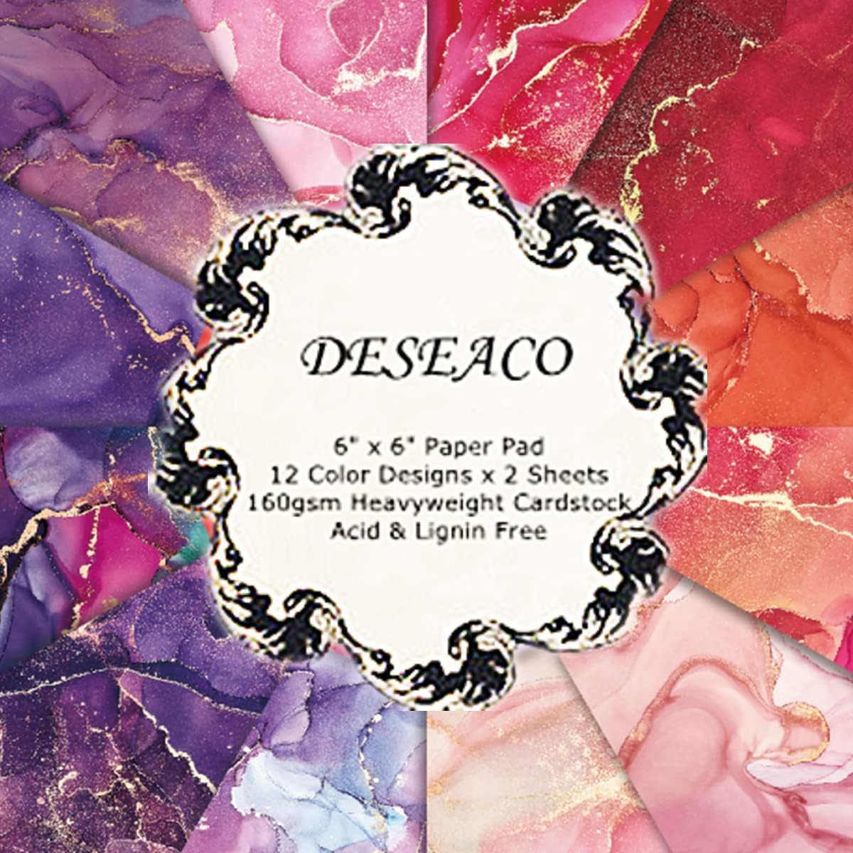 Colored Marble Scrapbook Paper Pad 6x6 – Rose Pink Purple Gold Patterned Paper Scrapbooking CardStock, Decorative Craft Origami Paper Junk Journal, Single-Sided Decopodge Paper Supplies-24Pcs