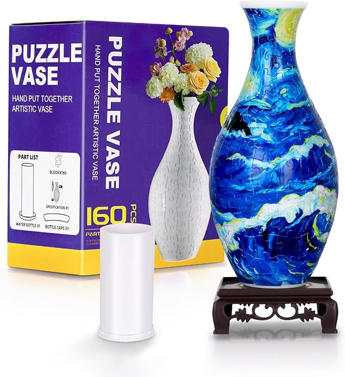 BELEEV 3D Puzzle Vase for Adults, 160 Pieces DIY Plastic Flower Vase, Compatible with Block Flowers, Unique Home & Office Decor, Housewarming and Birthday Gift for Flower Arrangements (Starry Ocean)