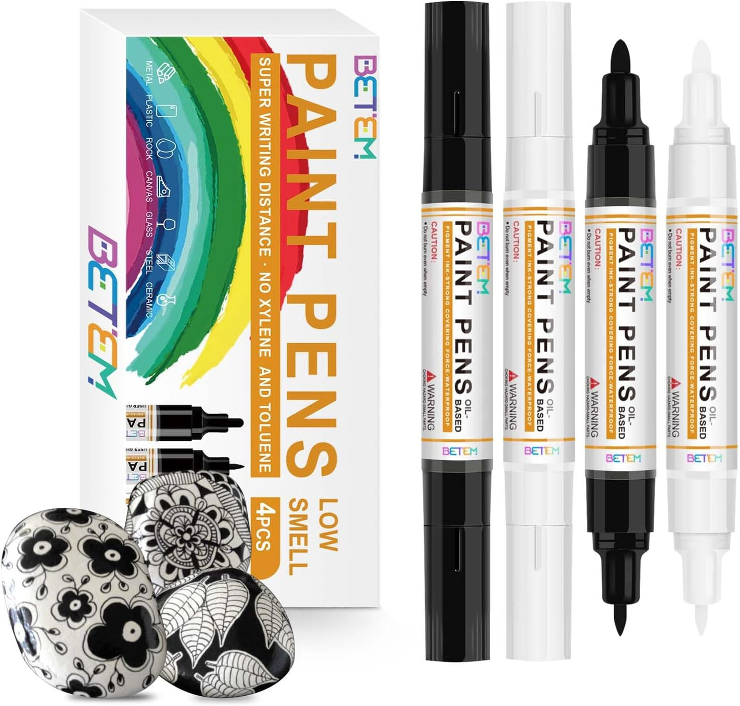 Betem 4 Count Dual Tip Oil Based White Black Paint Markers Pens(0.7mm & 3mm), Permanent Paint Marker, Waterproof, Quick Dry, for Rock Painting, Wood, Plastic, Metal, Canvas(2White 2Black)