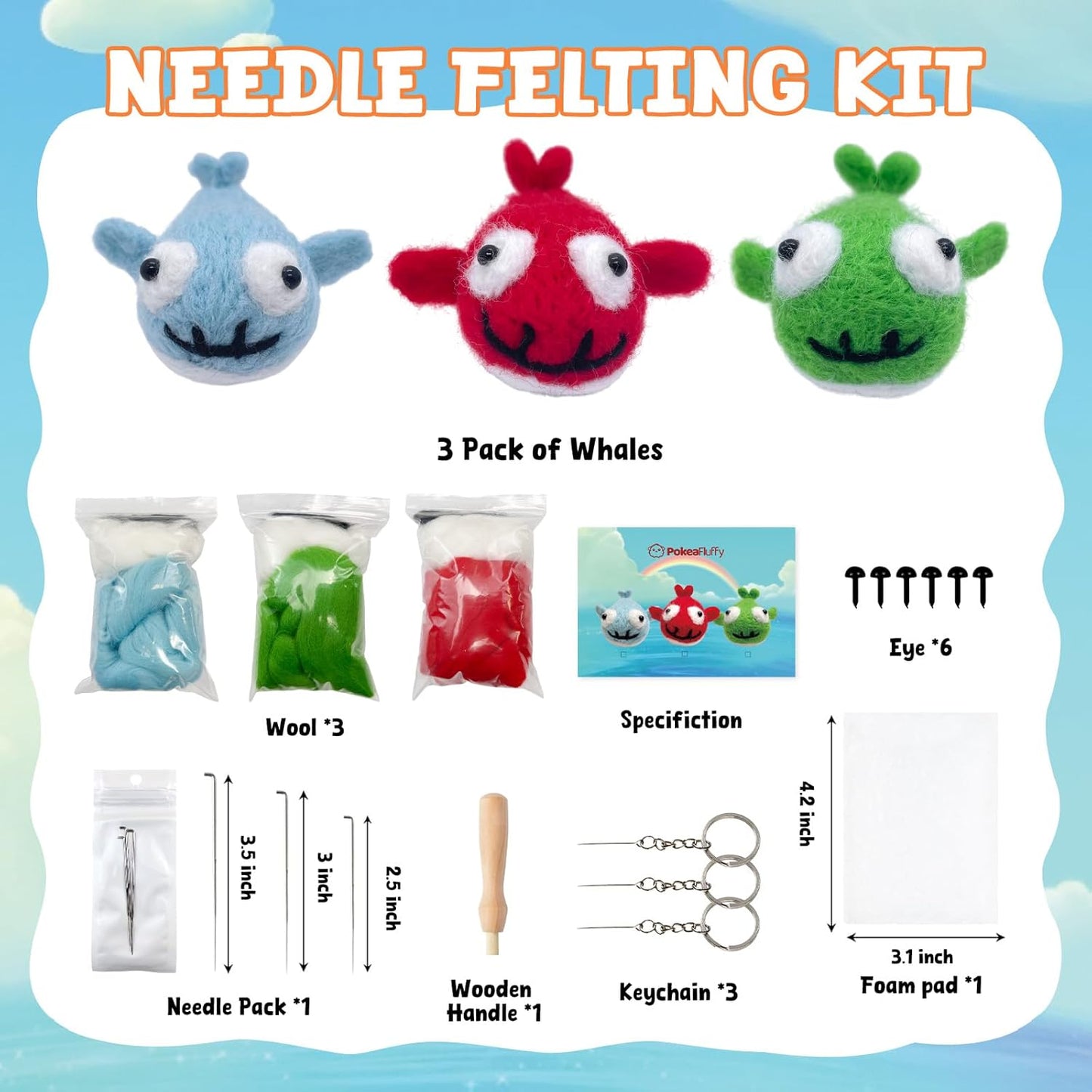 Needle Felting Kit, 3 Pcs Sharks Wool Needle Felting Kit for Beginners & Adult, Animal Doll Making Set with Video Instruction, Craft Party Supplies, Tools & Foam Pad, DIY Home Decor, Birthday Present