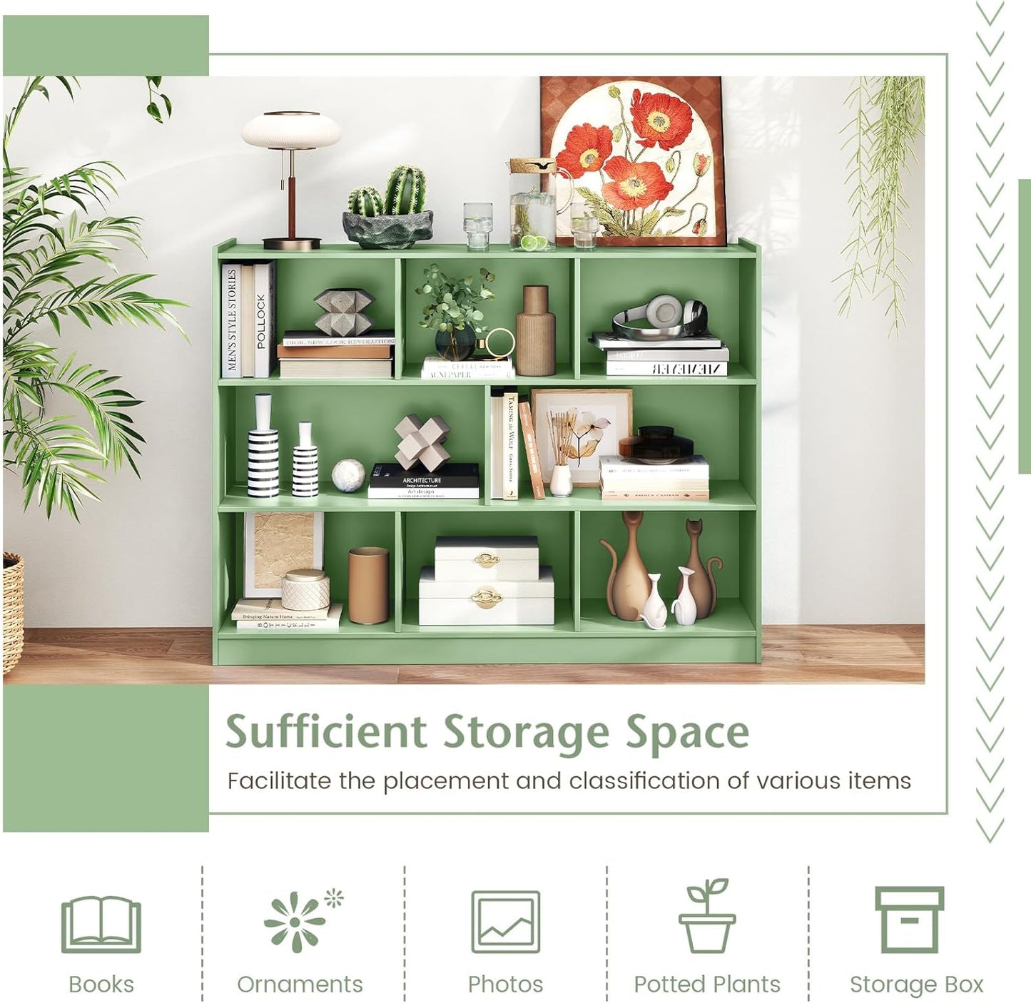 Giantex 8 Cube Bookcase, Freestanding 3-Tier Open Bookshelf, Modern Storage Display Cabinet, Wood Cube Storage Organizer for Living Room, Kid’s Room, Mint Green