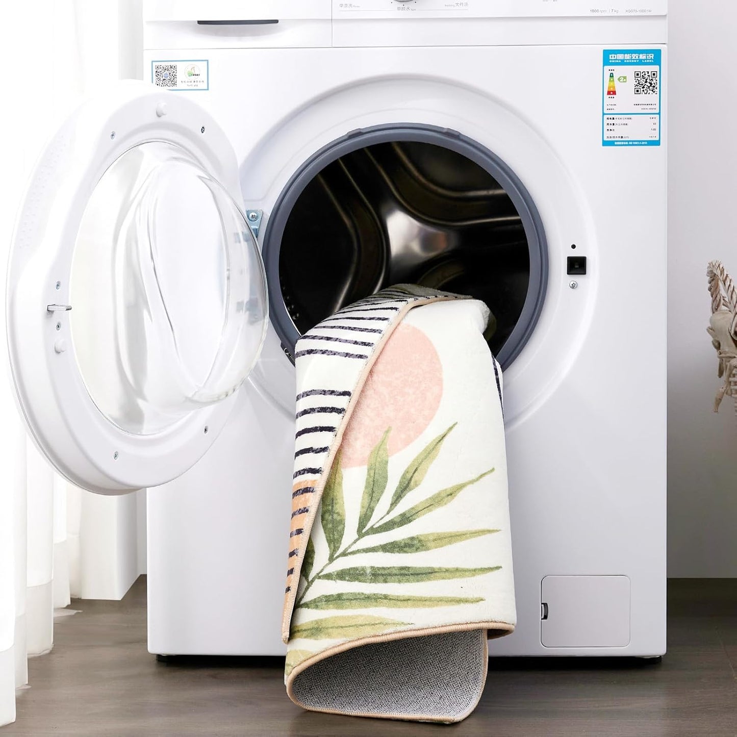 RoomTalks Boho Cute 3x5 Small Area Rugs Washable, Modern Abstract Geometric Shape with Tropical Leaves Non Slip Throw Rugs for Bedroom Kitchen Entryway Indoor Botanical Accent Carpet