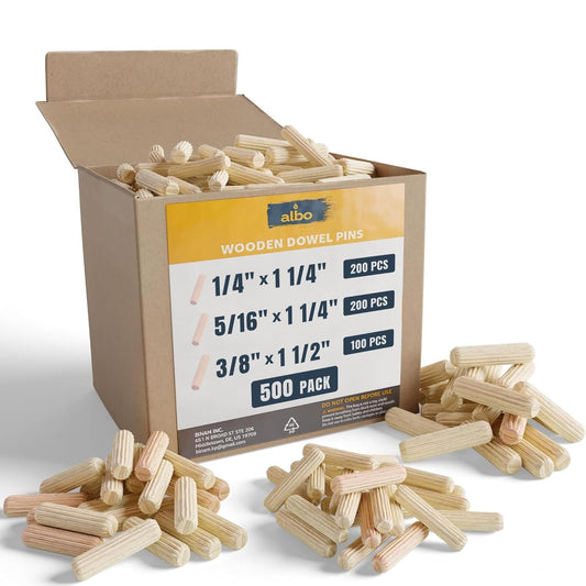 ALBO Wooden Dowel Pins 500 Pack Assorted Sizes 1/4 + 5/16 + 3/8 inch Fluted Wood Dowels Rods Hardwood Crafts Dowel Pegs