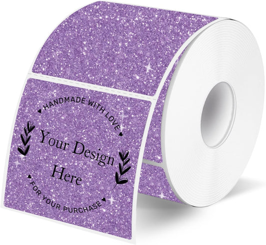 Square Thermal Labels Stickers 2" x 2", Holographic Purple Thermal Stickers Labels, Glitter Self-Adhesive Direct Thermal Label for Small Business- Perforation Line Design