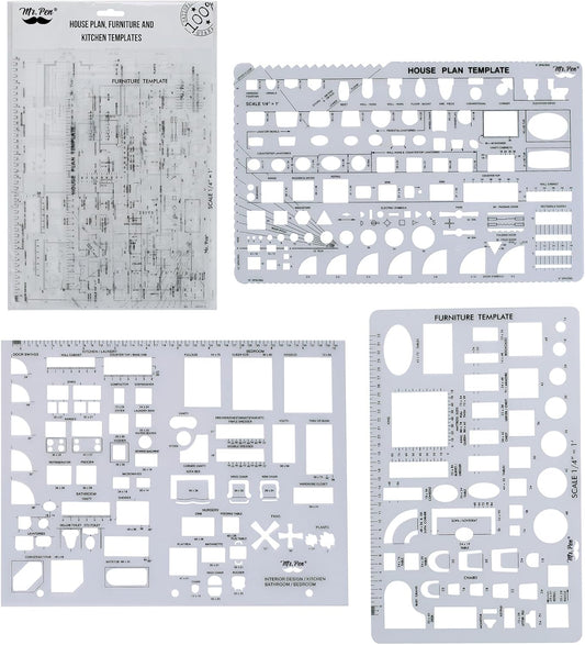 Mr. Pen- House Plan, Interior Design and Furniture Templates, Drafting Tools and Ruler Shapes for Architecture - Set of 3