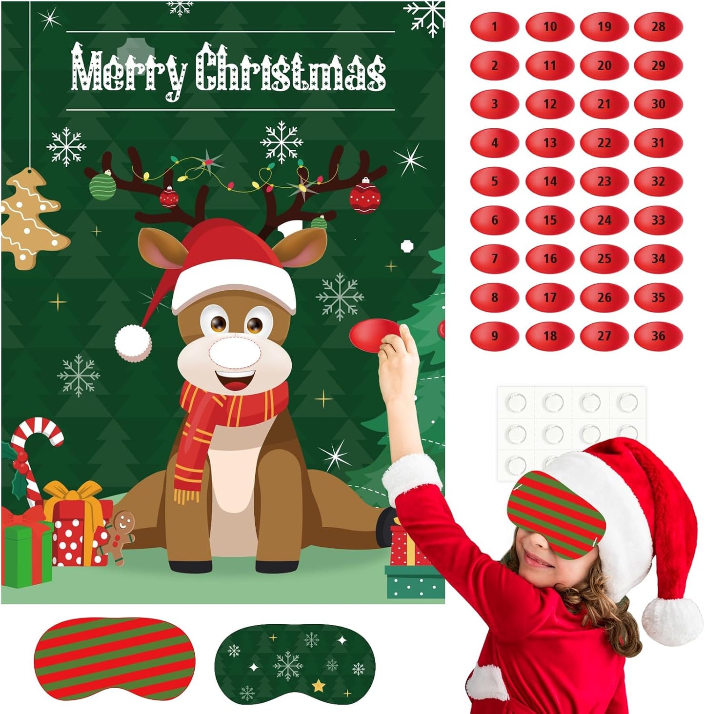 ASTARON Christmas Party Games for Kids, Pin The Hat on Reindeer with 36 Stickers 2 Blindfolds Christmas Holiday Party Decorations School Classroom Activities