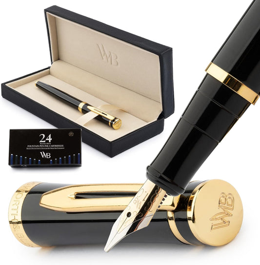 Wordsworth & Black Fountain Pen Set, 18K Gilded Broad Nib, Includes 24 Pack Ink Cartridges, Ink Refill Converter & Gift Box, Gold Finish, Calligraphy, [Black Gold], Perfect for Men & Women