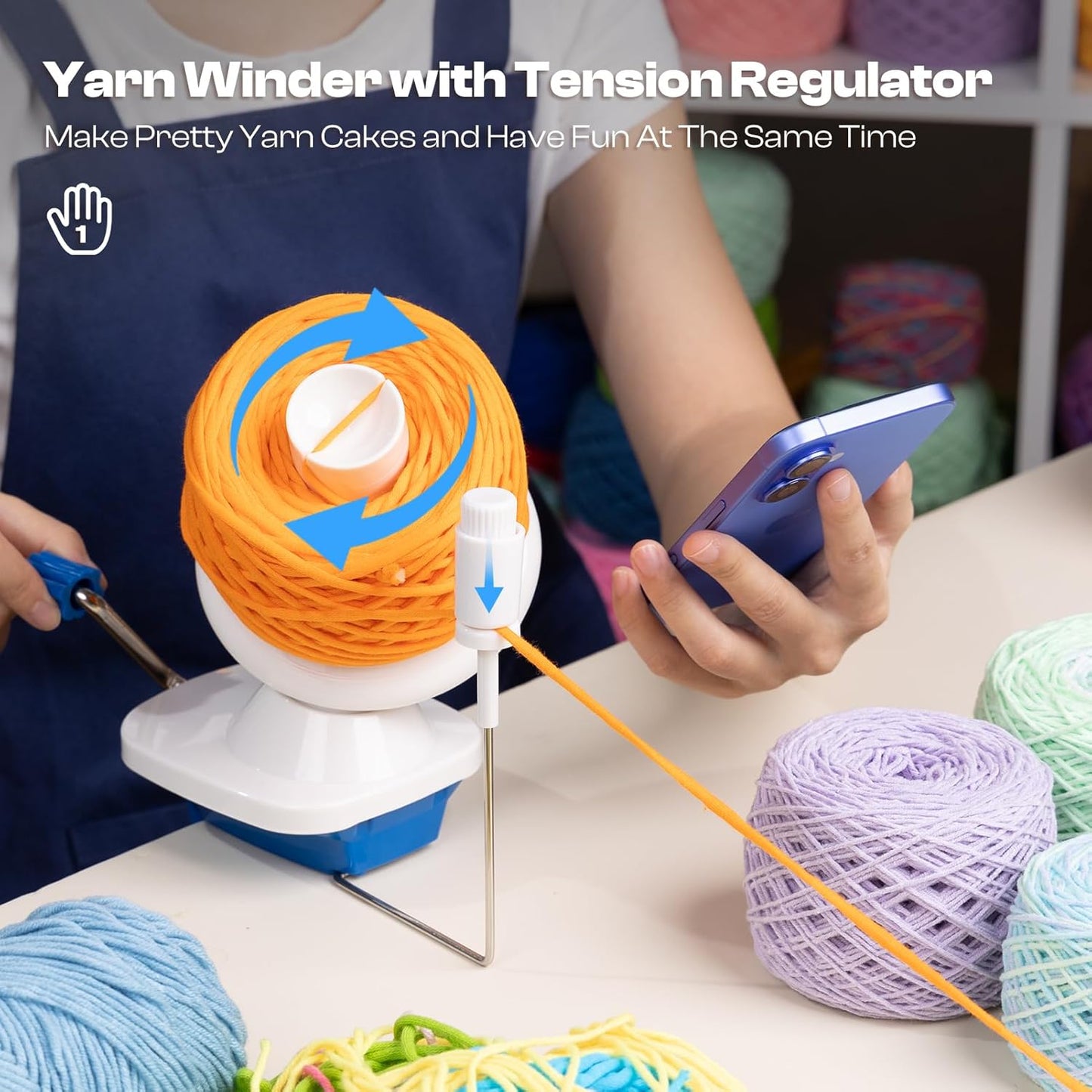 Caydo Yarn Winder with Tension Spring, One Hand Operated Winder, 4-7oz Efficiently Compact Cake Roller for Crocheting, Portable Ball Spinner for Crocheters&Knitters, Good Helper for Craft Lovers(Blue)
