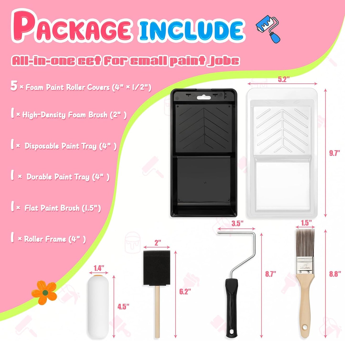 DIYSELF Paint Roller Kit - Foam Paint Roller 4 inch, Small Roller Paint Brush, Mini Rollers for Painting, Walls, Cabinets, Doors, House Painting Supplies, Professional Paint Roller Tray Set (10 Pack)