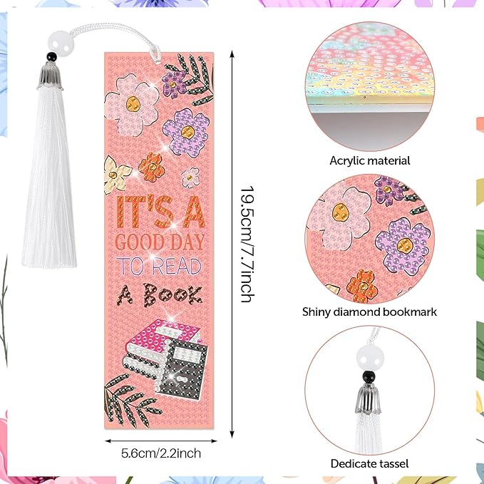8 Pieces Book Lovers Diamond Art Bookmarks 5d Beaded Bookmark Acrylic Tassel Bookmark for DIY Making Beginners Kids Adults Arts Craft Supplies