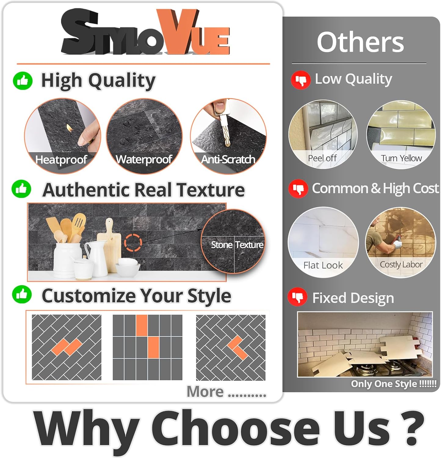 100 Pieces Peel and Stick Backsplash for Kitchen, 3" x 6" PVC Subway Tile 2025 Upgraded Graphite Stone Backsplash Stick on Tile Elevate Kitchen Fireplace RV