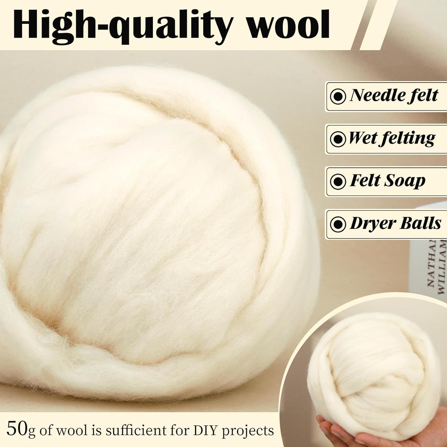Mayboos Wool Roving Yarn, 1.76oz Colored Natural Wool Roving,Wool Felting Supplies Pure Wool Chunky Yarn for Wet Felting handcrafts and Spinning (White Color)