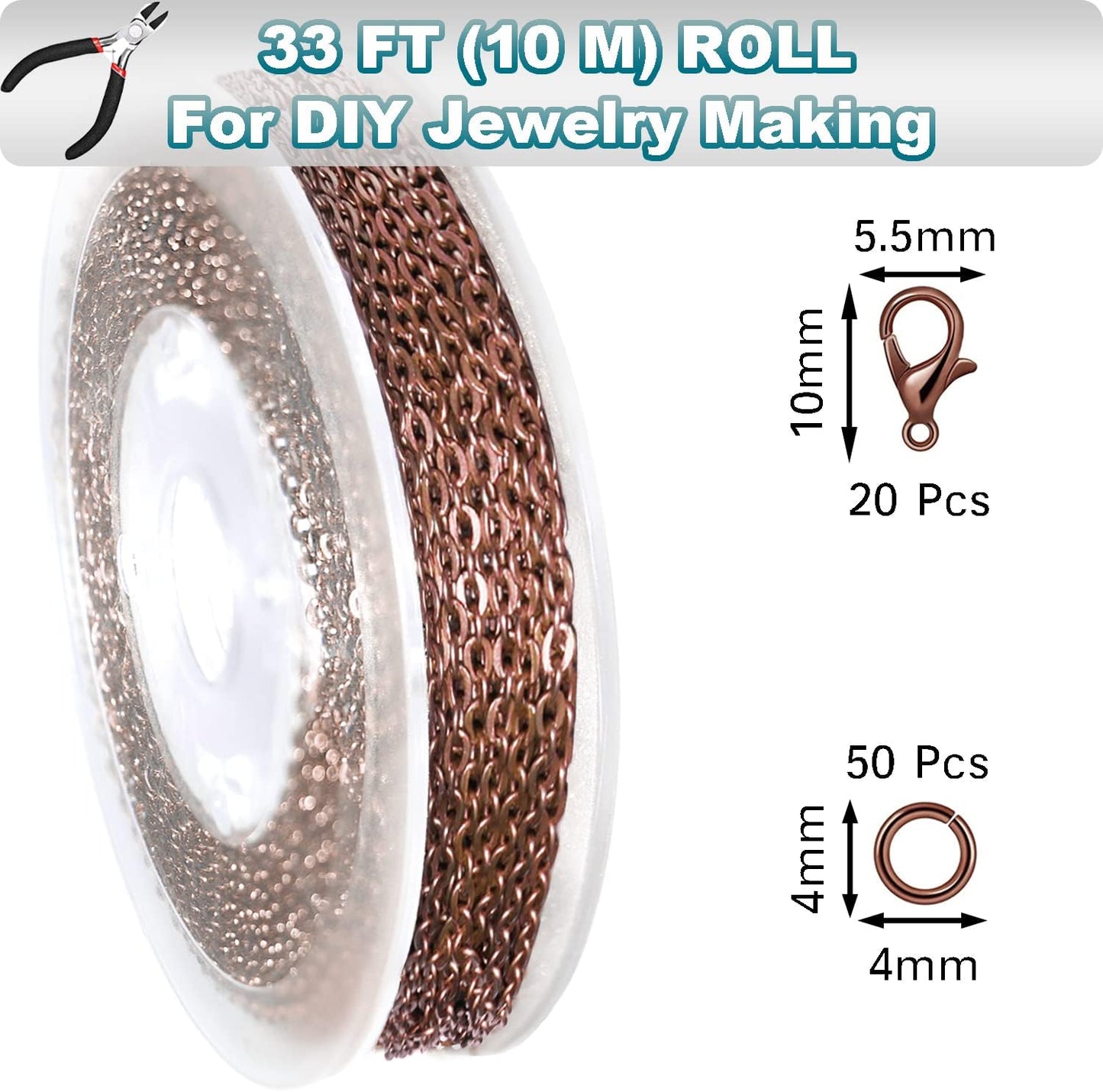 Jishi 33ft Link Cable Chain Roll 2mm, Red Copper Chain for Jewelry Making Necklace Earring Bracelet DIY Craft Jewelry Making Findings Supplies, Copper Plated Iron Metal Rolo Necklace Chain Spool Set