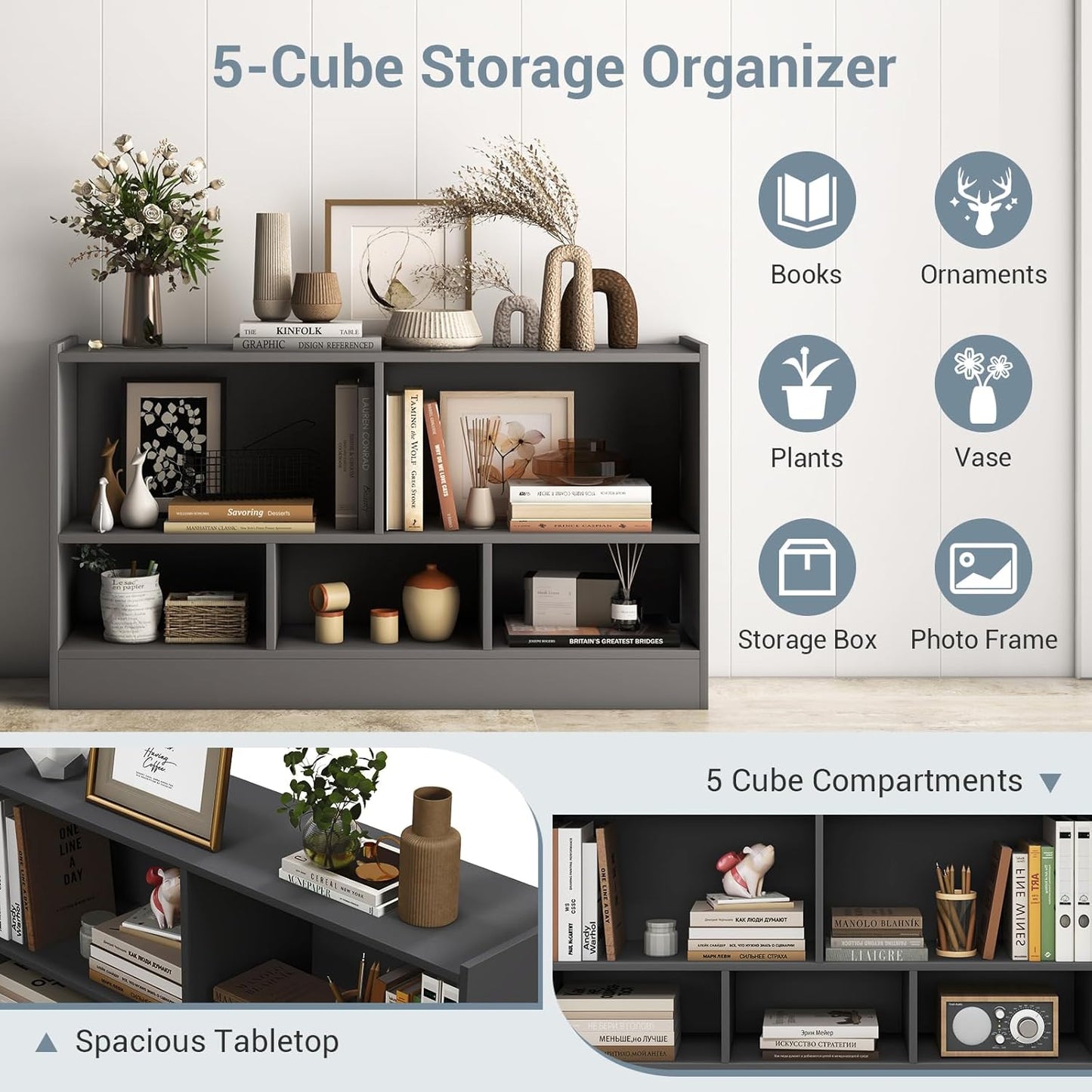 LOKO 2 Tier 5 Cube Bookcase, Open Shelf Storage Cabinet, Wooden Display Cabinet Shelf, Multipurpose Bookshelf for Living Room, Bedroom, Hallway, Home Office, Classroom (Grey)