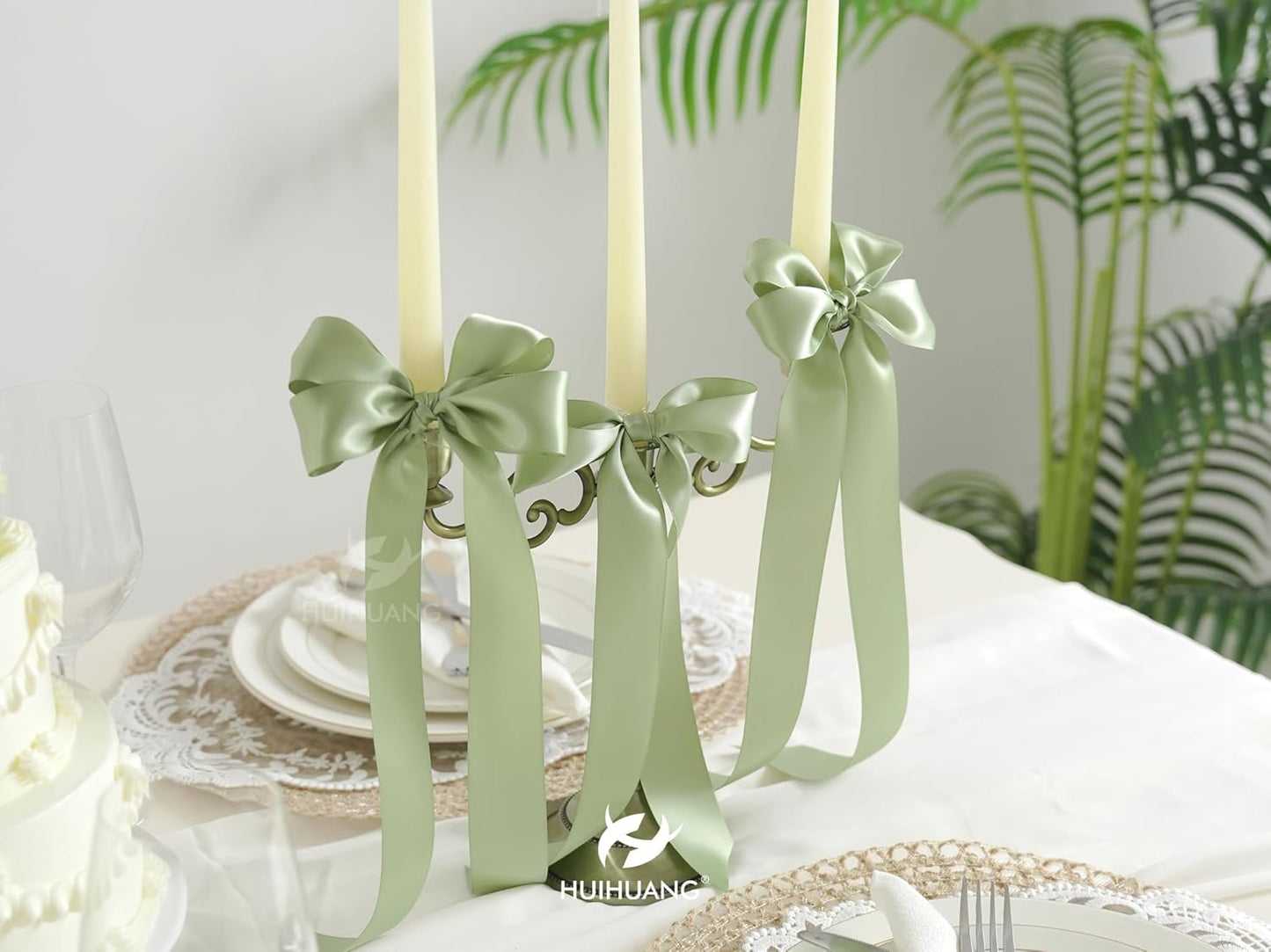 HUIHUANG Sage Green Satin Ribbon 1-1/2 inch x 100 Yards Green Double-Faced Satin Ribbon for Flower Bouquet, Gift Wrapping, Eternal Roses, DIY Crafts, Bridal Shower Wedding Decor