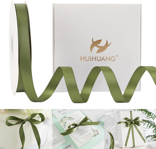 HUIHUANG Moss Green Satin Ribbon 1/2 inch X 50 Yards Continuous, Green Double-Faced Satin Ribbon for Gift Wrapping, Bows, DIY Crafts, Flower Bouquet, Wedding Bridal Shower Decor