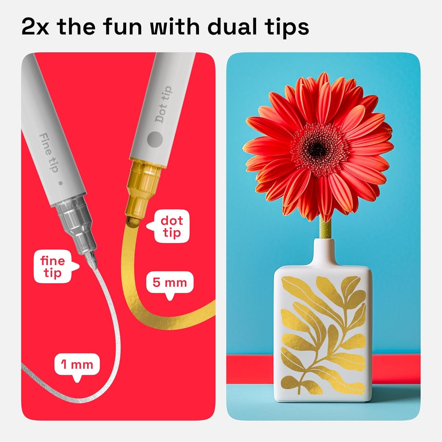 ARTISTRO 2 Gold&Silver Dual-Tip Acrylic Paint Pens - Multisurface Markers for Glass, Rock, Fabric, Wood, Plastic & More - 5mm Dot + 1mm Fine Tips