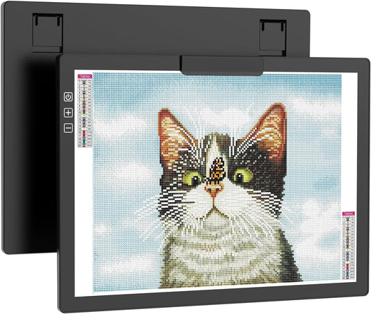 HIUKCOLED Rechargeable A4 Light Pad, Battery Powered Light Board with Top Clip＆Stand, Stepless Dimmable＆6-Level Brightness Adjustable, Wireless LED Tracing Box for Diamond Painting,Drawing,Sketching