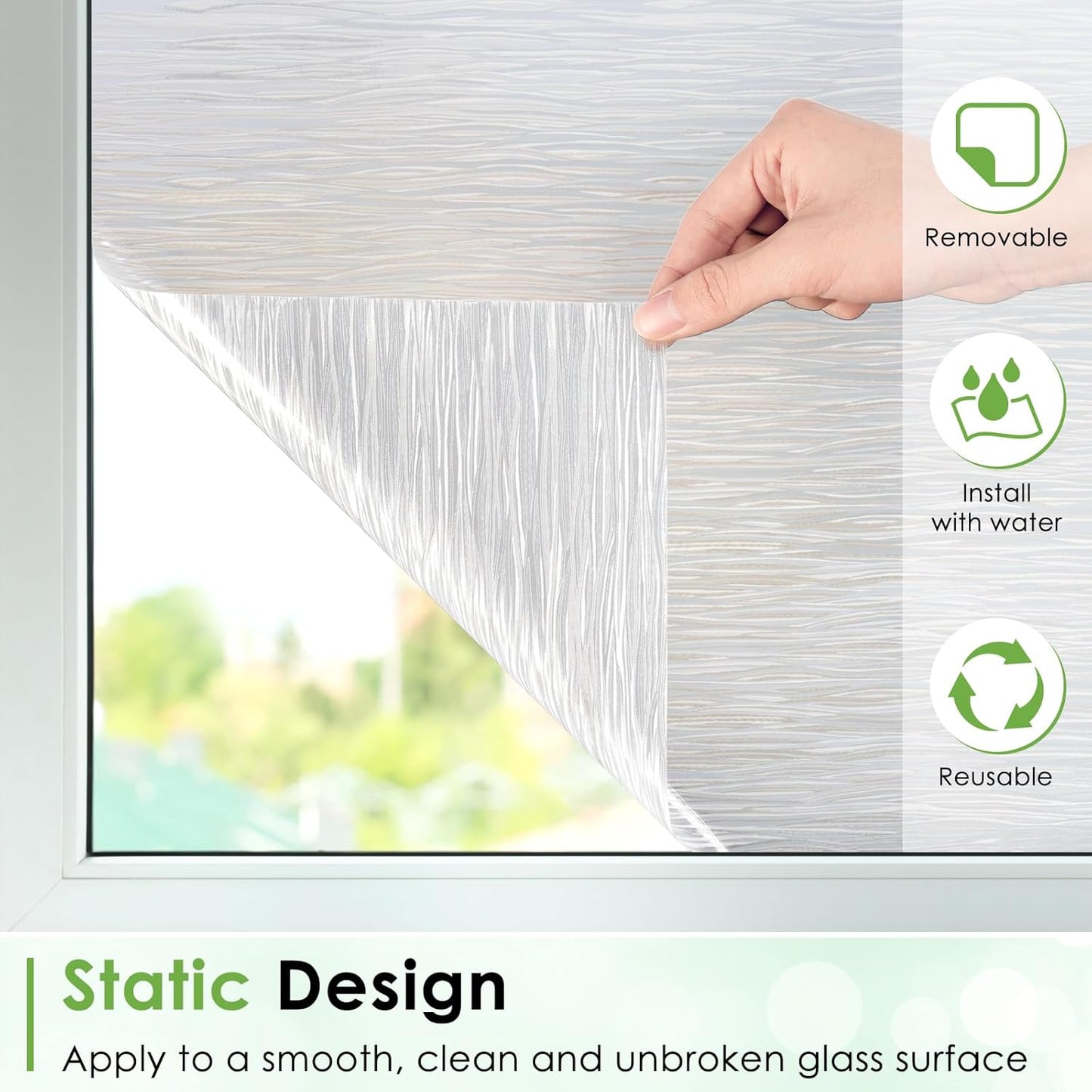 Homein Window Privacy Film, Frosted Glass Window Film Decorative, Non Adhesive Glass Clings, Static Cling Door Coverings, UV Blocking Privacy Sticker for Home, Pure Wave, 35.4 x 118.1 inches