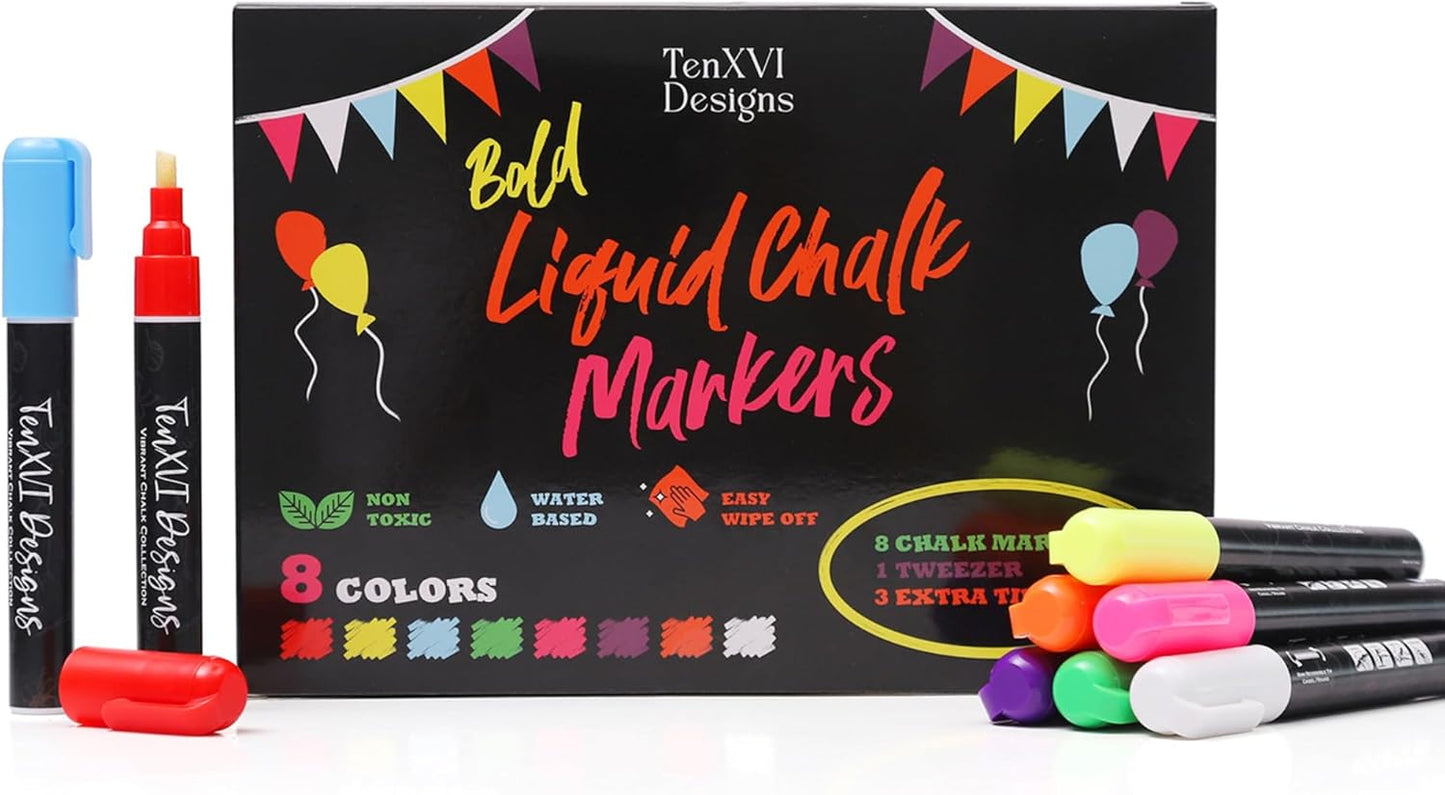 TenXVI Designs Chalk Markers - 8 Vibrant Colors, 6mm Reversible Tips, Erasable, Non-Toxic, Water Based for Kids & Adults - For Chalkboard, Glass & Non-Porous Surfaces, Liquid Chalk Board Markers