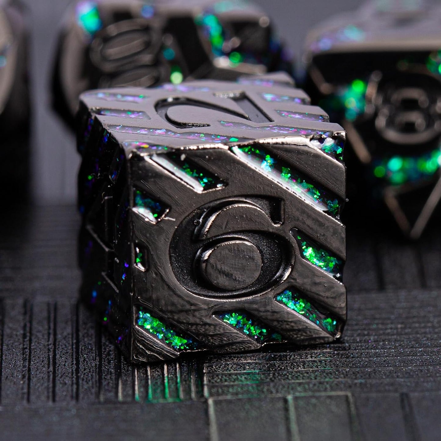 Metal Stripe Dice,Solid Metallic Glitter Stripes DND Dice with Gift Metal Box for Dungeons and Dragons Tabletop Game (Black Nickel Dark Green)