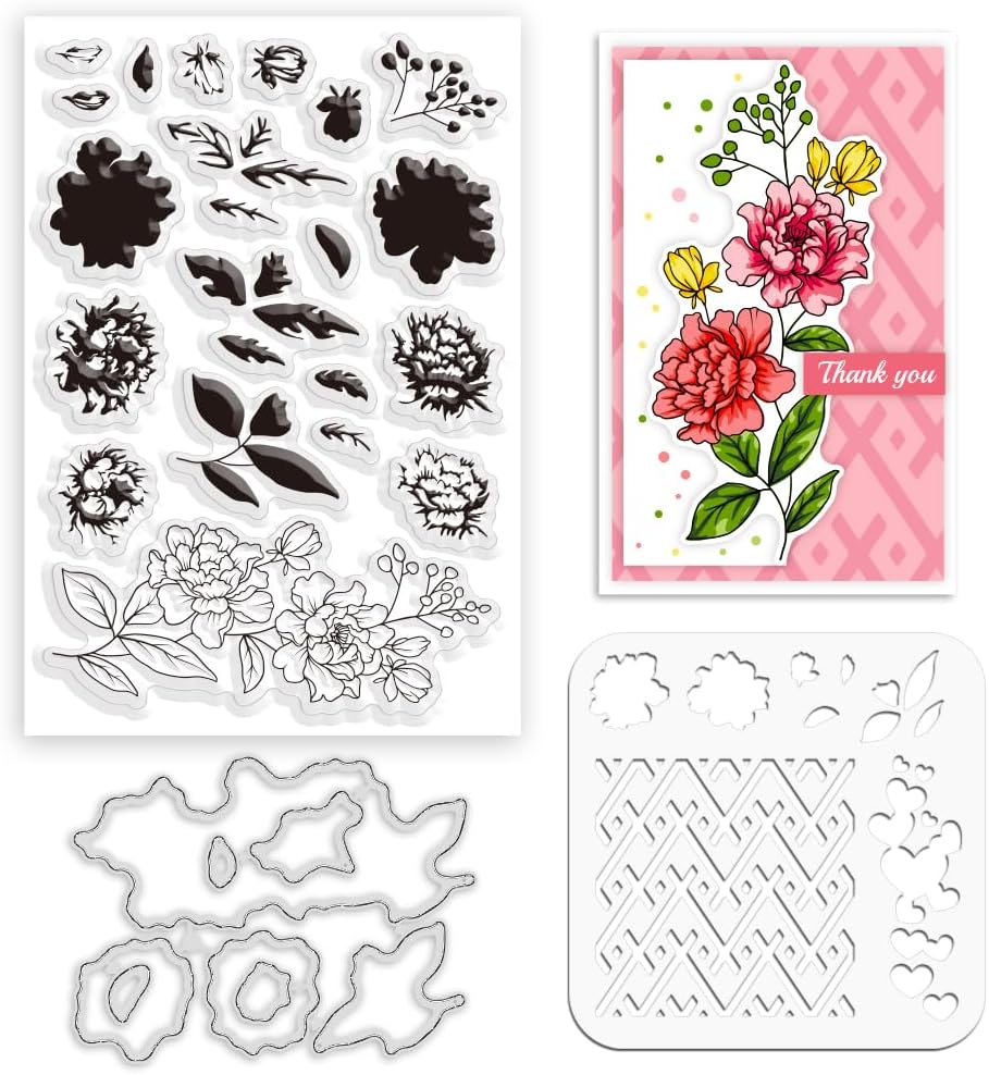 ORIGACH Realistic Flower Layering Stencil Stamp and Die Set for Card Making, Silicone Stamps Metal Die Cut and Stencil Template for Card Making Scrapbooking DIY Crafting