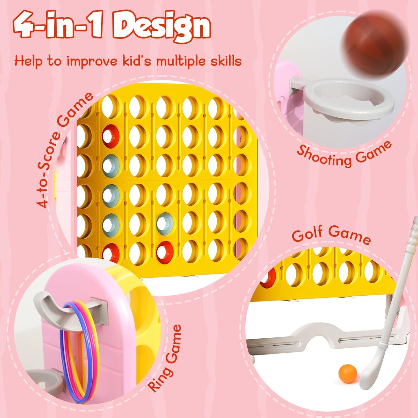 Ancaixin Giant 4 in-A-Row Connect Game Set, Adjustable Height Jumbo Yard Game with Basketball Hoop, Golf, Mesh Pocket & Ring Toss, Indoor Outdoor Family Backyard Party Game for Kids and Adults, Yellow