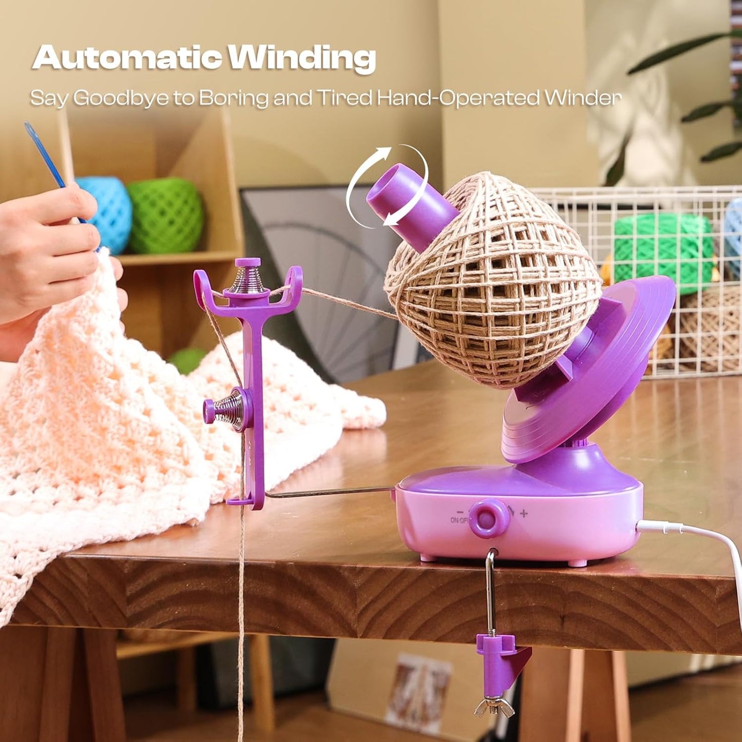 Caydo Electric Yarn Winder Pro, 10oz Large Automatic Ball Winder for Crocheting, Dual-Spring Strong Tension Stepless Speed Yarn Cake Roller Spinner, Ideal Present for Crochet Lovers(Purple)