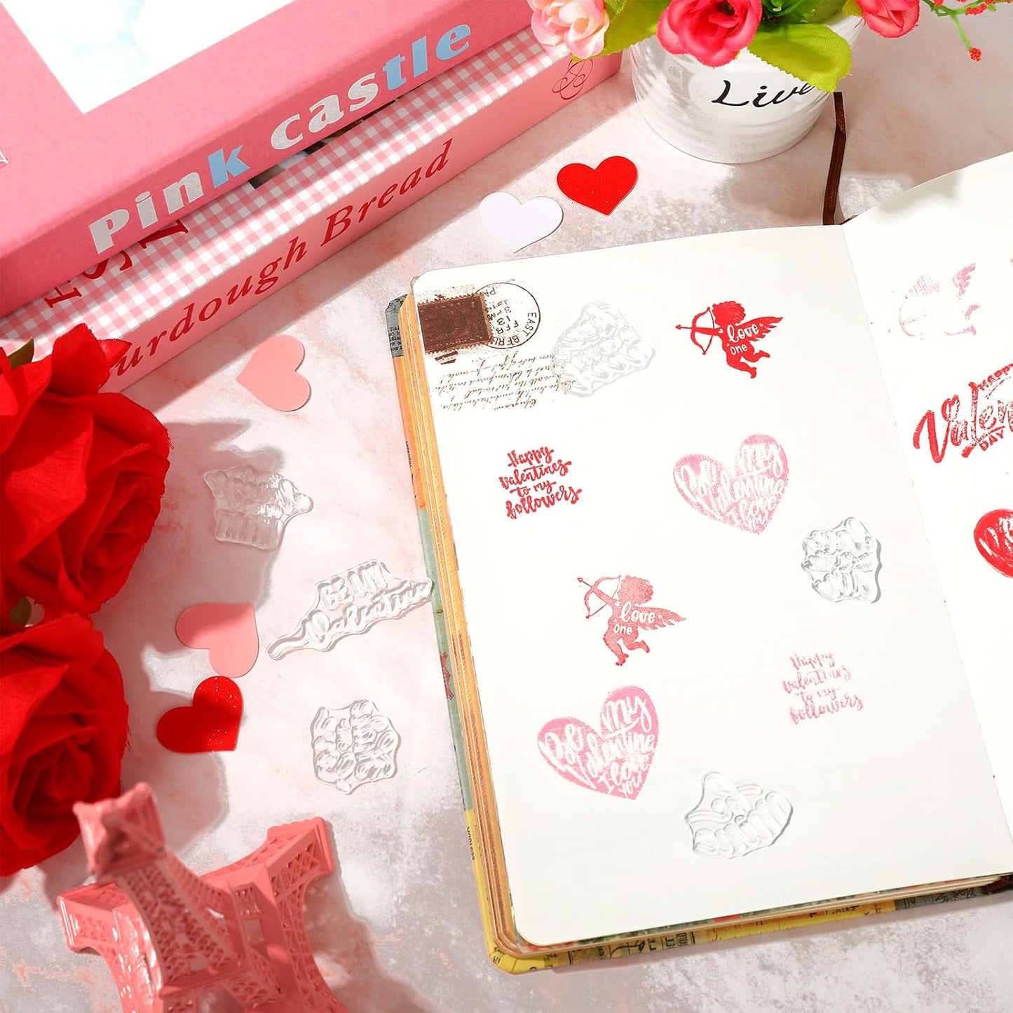 Whaline 4 Sheet Valentine's Day Words Clear Stamps Love Heart Silicone Transparent Stamps Border Stamp Cards for DIY Craft Card Making Scrapbooking Embossing Album Decor
