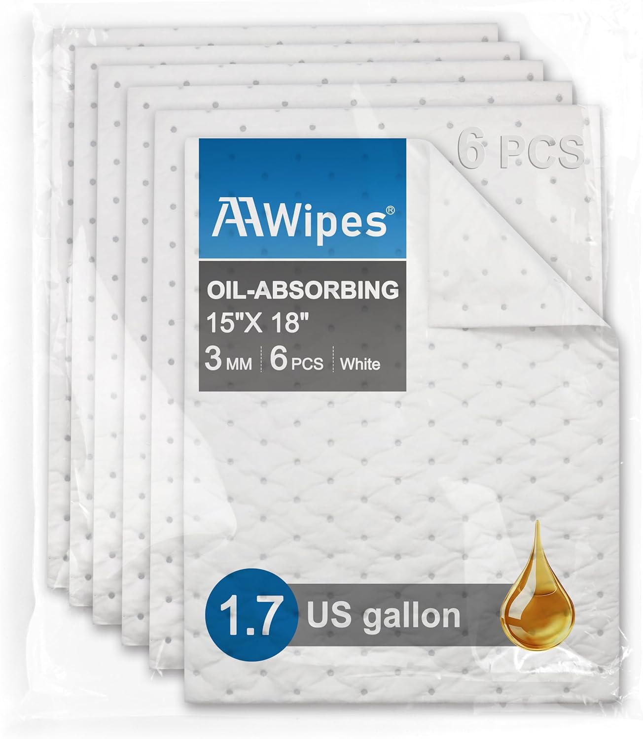 AAwipes Oil Only Absorbent Pads Mat Pre-Grade 3MM Thicker More Absorption for Garage, Car, Truck, Motorcycle - White 6 Pack 15" X 18" OW1518-6S