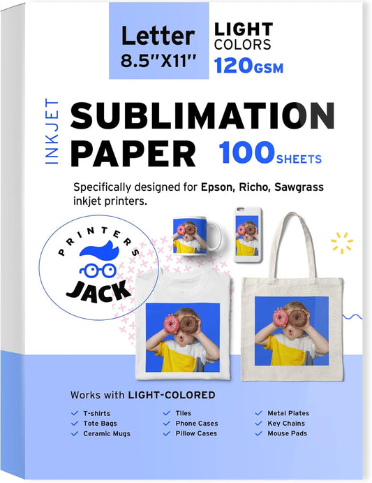 Printers Jack Sublimation Paper - 8.5 x 11 Inches, 100 Sheets 120gsm for Any Epson Sawgrass Inkjet Printer with Sublimation Ink, Heat Transfer Sublimation Paper for T-shirt, Mugs, Light Fabric