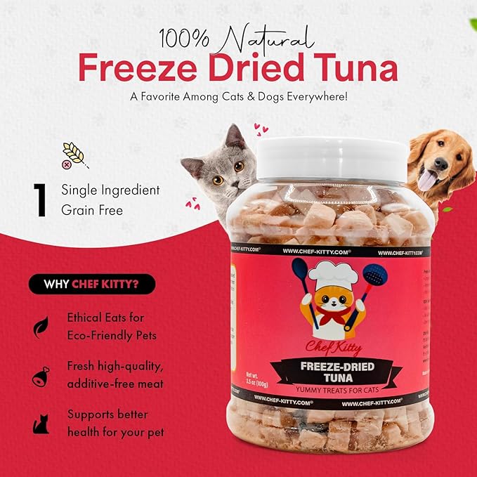 Freeze-Dried Tuna Treats for Cats & Dogs – 100% Wild Caught, Single Ingredient, High-Protein, Healthy Snack – No Additives or Preservatives – 3.5oz - Inspected & Tested in USA