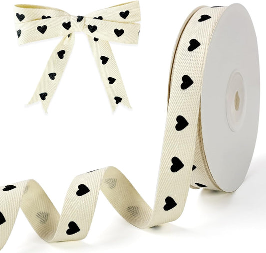 Cotton Herringbone Ribbon - Natural Twill Tape for Custom Gift Wrapping & DIY Crafts-5/8 Inch x 15 Yards - Black Heart Print