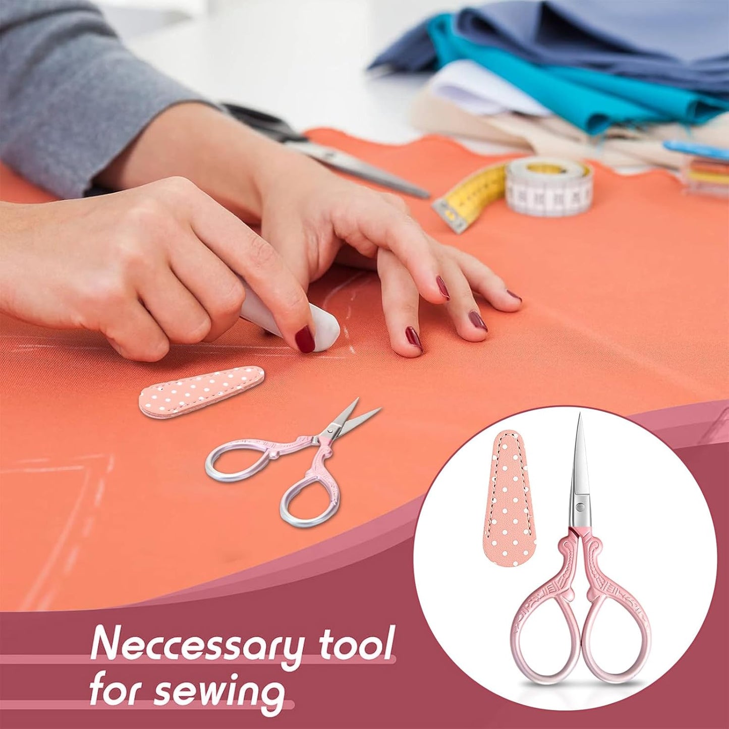 Honoson 4 Pcs Sewing Embroidery Scissors with 4 Pcs Artificial Leather Cover 3.6 Inch Stainless Steel Stork Scissors Vintage Embroidery for Needlework Manual Sewing Handicraft(Classic Colors)