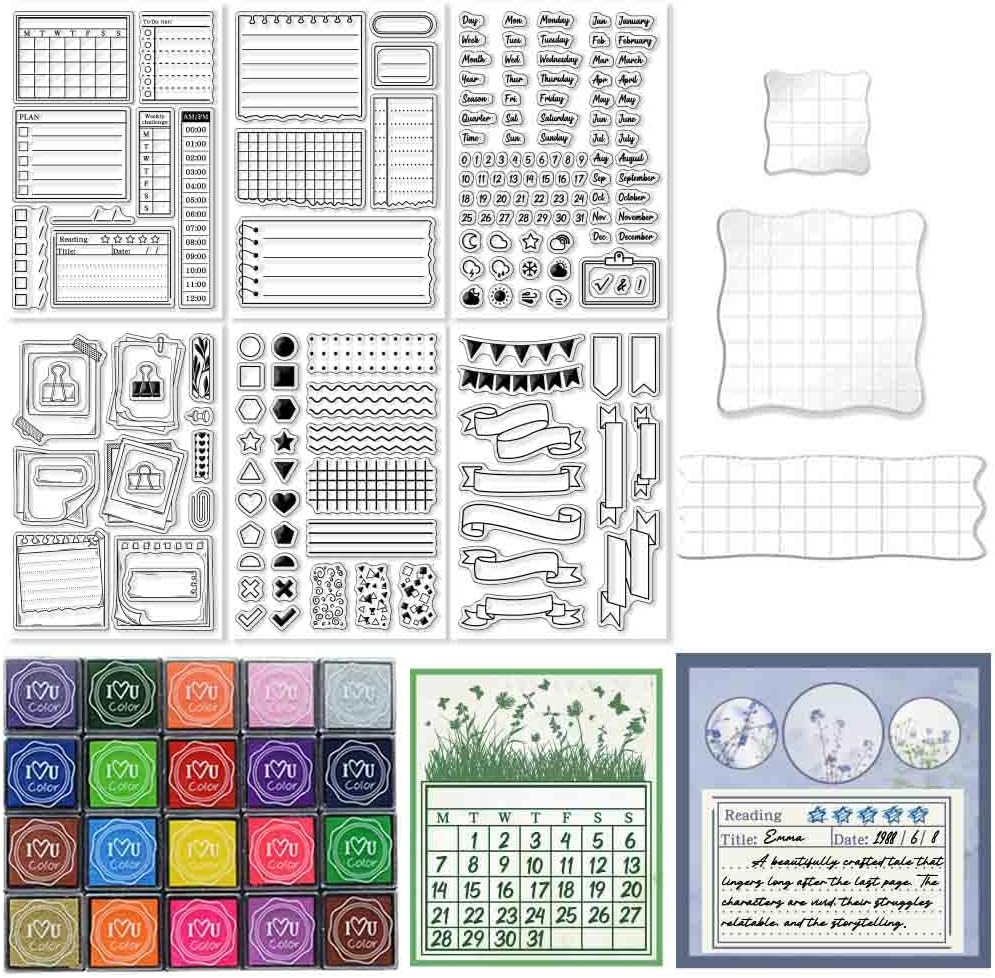 29 Pcs Journal Stamps for Crafting Card Making Supplies Set Include 3 Acrylic Clear Stamp Blocks, 6 Clear Silicone Stamps Seals, 20 Craft Ink Pads Calendar Planner Stamp for DIY